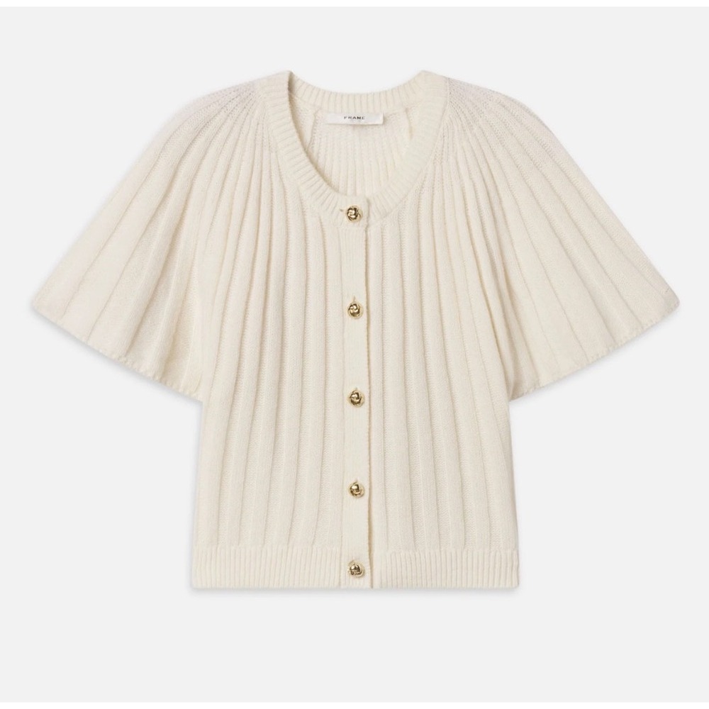 FRAME The Flutter Cardi Cream Ribbed Short Sleeve Gold Button Cardigan Sweater L